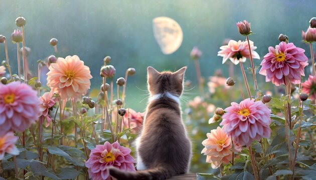 お月見をする可愛い子猫　ダリヤがたくさん咲く草原の幻想的な夜の空