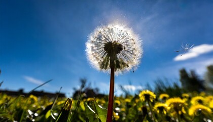 タンポポの綿毛と美しい青空