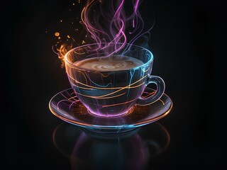 transparent glowing cup of coffee, glowing lines, black background, for design, isolated