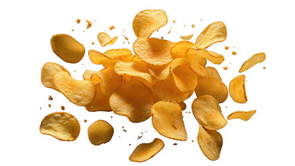 Flying potato chips, isolated on white background, png