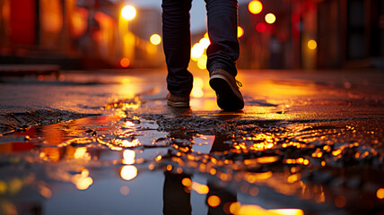 man legs walking on puddles while it rains in the city, AI Generative.