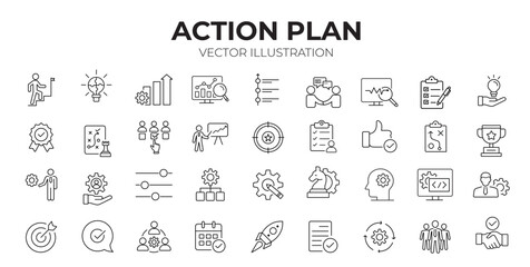 Action plan editable stroke outline icons set. Strategy, tasks, goal, action, planning, collaboration and analysis. Vector Illustration
