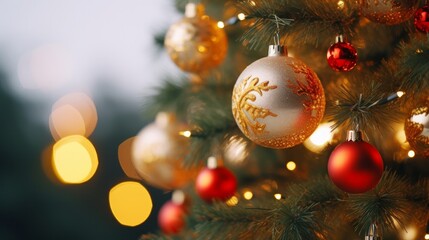 Closeup panning shot beautiful Christmas tree decorated with golden and red baubles and garlands. Winter holidays background or backdrop