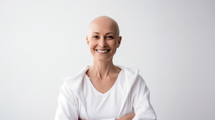 Portrait of a happy hairless bald woman woman girl looking at the camera on a white bright blurred studio background - obrazy, fototapety, plakaty