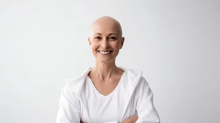 Foto op Canvas Portrait of a happy hairless bald woman woman girl looking at the camera on a white bright blurred studio background © BeautyStock