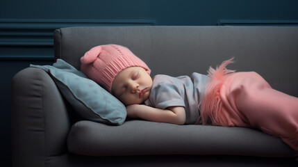 Adorable petit enfant dormant avec un bonnet sur un canapé - obrazy, fototapety, plakaty