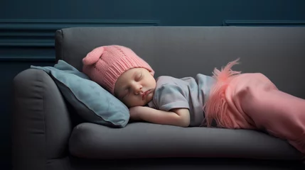 Fotobehang Adorable petit enfant dormant avec un bonnet sur un canapé © David Giraud