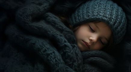Adorable petite fille dormant avec un bonnet - obrazy, fototapety, plakaty