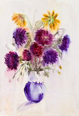 autumn bouquet of asters in a vase - 690984322