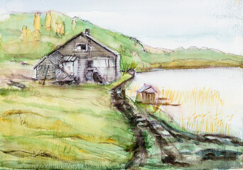 old house near a lake and a rural road - 690984382