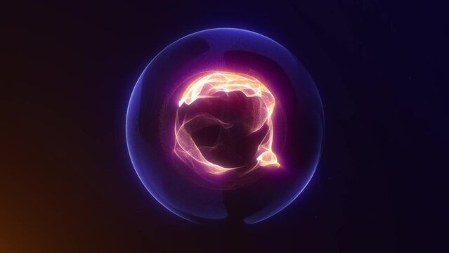 Glowing rotating particle neon plasma sphere in the Universe. Virtual assistant animation. Energy kinetic orb. Technology, science, artificial intelligence background. Pink and blue. 4k 60fps loop.