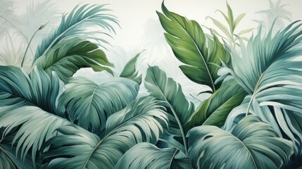 Vintage Background with Jungle Pattern Wallpaper. Tropical Forest, Palm Leaves, and Old Texture Drawing Mural
