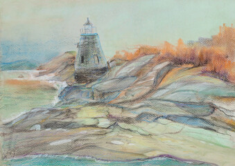 lighthouse on a rocky seashore - 690984593