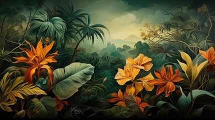 Vintage Jungle Pattern Wallpaper. Tropical Forest, Palm Leaves, and Old Texture Drawing
