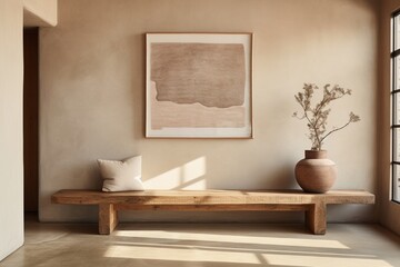 Uncomplicated beauty unfolds with a rustic wood bench against a beige stucco backdrop, echoing the principles of Japandi interior design in a modern entrance hall.