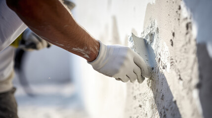 Closeup of a trowel applying plaster to a wall. A builder hand hold trowel applying white plaster to level and prepare walls during the renovation of an apartment. - obrazy, fototapety, plakaty