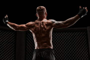 Conceptual image of a kickboxer. A real fighter stands in the real cage of the octagon. The concept...