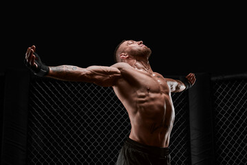 Conceptual image of a kickboxer. A real fighter stands in the real cage of the octagon. The concept...