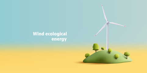 Wind mill, wind turbine, wind power station in hills with trees landscape. Renewable wind energy, green and alternative eco energy concept. 3d vector icon. - obrazy, fototapety, plakaty