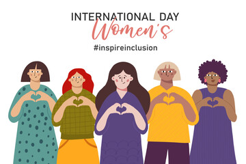 Inspire inclusion social campaign. International Women's Day. Smiling diverse race group of women and men hands gesture as heart shape to stop gender discrimination. 2024 theme - InspireInclusion