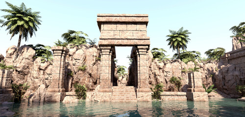 Obraz premium Ruins of the sacred stone temple with green vegetation against blue sky. Beautiful natural wallpaper. 3D illustration.