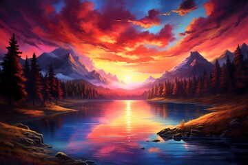 Fototapeta na wymiar Vibrant sunset over a serene mountain lake, reflecting the warm hues of the sky and surrounding landscape.