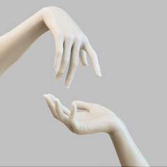White stone marble statue hands. Palm up showing and presenting female art creative concept banner, sculpture arm 3d rendering - obrazy, fototapety, plakaty