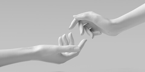 Two hands white sculpture. Mannequin hands reaching each other with fingers isolated on white background. Touching, creation gesture art creative concept.