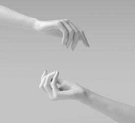 White stone marble statue hands. Palm up showing and presenting female art creative concept banner, sculpture arm 3d rendering