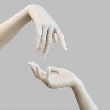 White stone marble statue hands. Palm up showing and presenting female art creative concept banner, sculpture arm 3d rendering