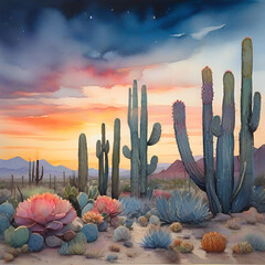 Watercolor Cactus Landscape, generative ai