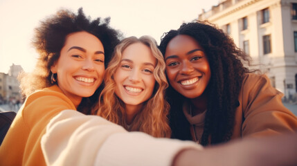Obraz premium Three young multiracial women taking selfie with smart phone outside. Smiling at camera together