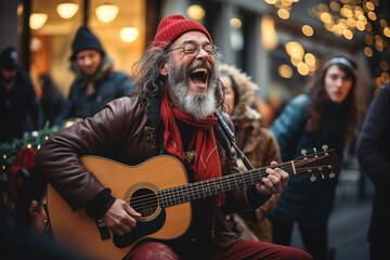 Obraz premium Christmas Street Performers - Street performers dressed in holiday attire entertaining festive crowds in a city center - AI Generated