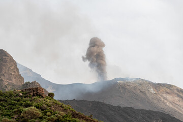 smoke from the erupting volcano on the island of Stromboli