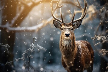 Christmas Wildlife Adventure - Deer in a Forest in a snowy setting - Xmas - AI Generated