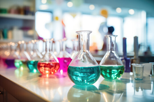 Science Experiment - Students conducting a science experiment with colorful solutions in a laboratory - AI Generated