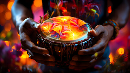 Hands play an African djembe drum - obrazy, fototapety, plakaty
