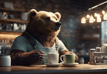 A bear working as a barista in a coffee shop - obrazy, fototapety, plakaty