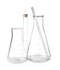 Different empty laboratory glassware isolated on white