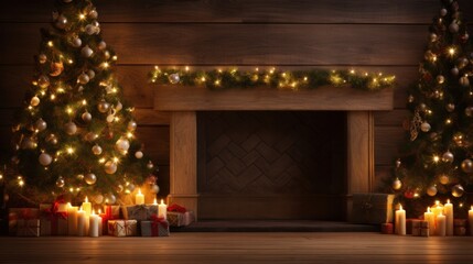 Fototapeta na wymiar Empty wooden table in front of decorated fireplace and Christmas tree. Place for text.