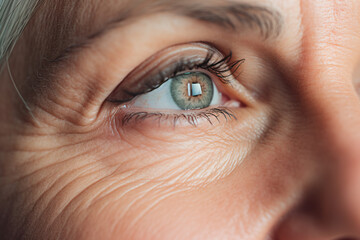 Close up of blue eye of senior woman - obrazy, fototapety, plakaty