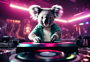 A koala DJ spinning records at a nightclub - obrazy, fototapety, plakaty