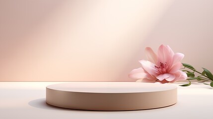 Pale pink round podium on a light pink background and flower