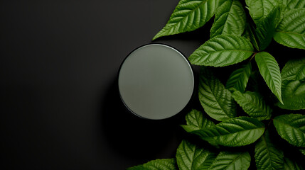 jar with cosmetic product on dark green background made of green leaves mockup - obrazy, fototapety, plakaty