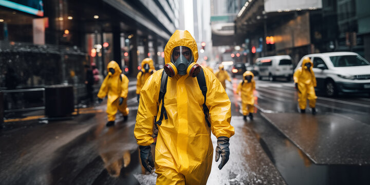 People using bio hazard suits  on city streets due to pollution and bad air quality