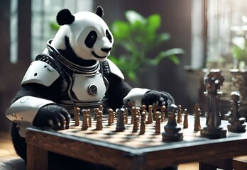 A panda playing chess with a robot