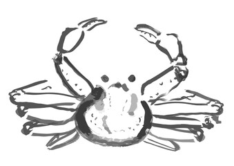 ズワイガニ和風手描きイラスト（モノクロの墨絵）