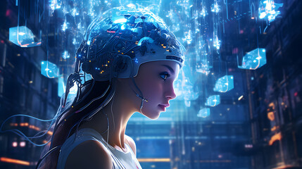 Naklejka premium artificial intelligence with a futuristic and abstract composition, Girl wit AI technology. generative AI