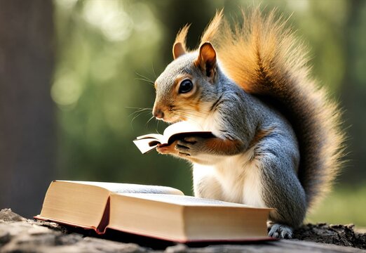 A squirrel reading a book under a tree
