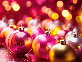 Colorful vibrant background with colorful Christmas balls. Abstract festive backdrop.